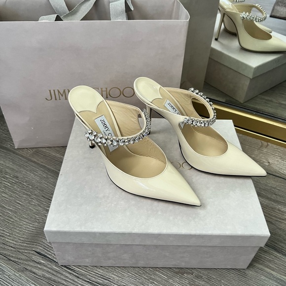 Jimmy Choo Bing 100 Ivory Patent Leather Mules with Crystal Strap - Picture 12 of 15